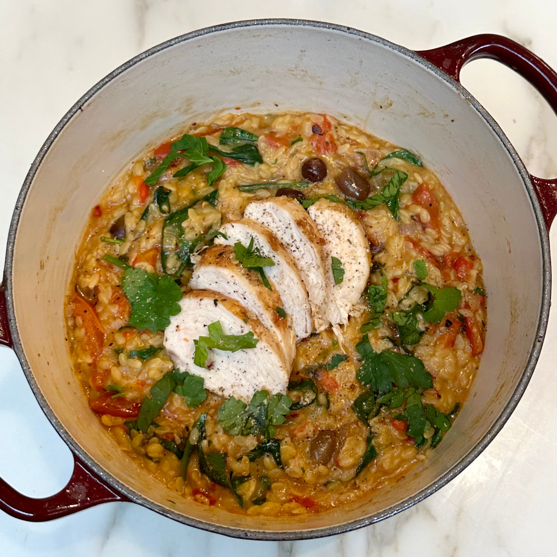 One Pan Tuscan Chicken Orzo
