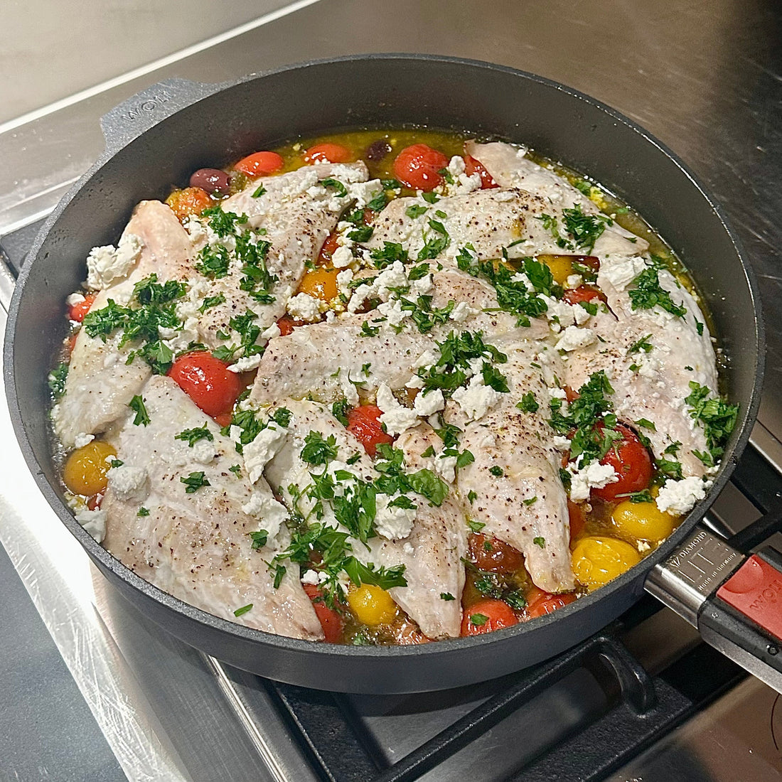 Sweet cherry tomatoes, briny olives, a splash of white wine, and tender snapper fillets come together in the oven to create a Mediterranean-inspired dinner that’s ready in 30 minutes