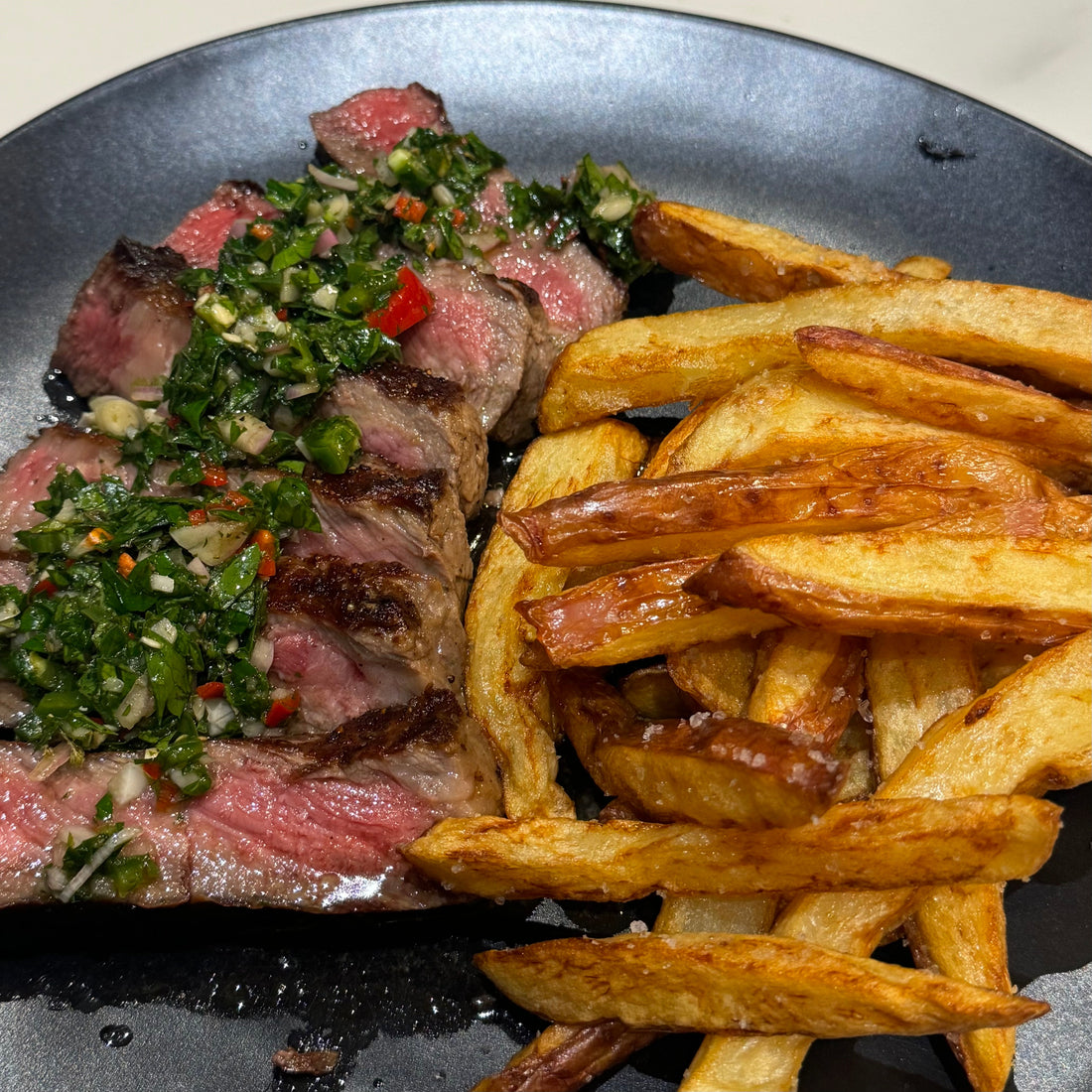 Steak Frites with homemade Chips & Chimichurri