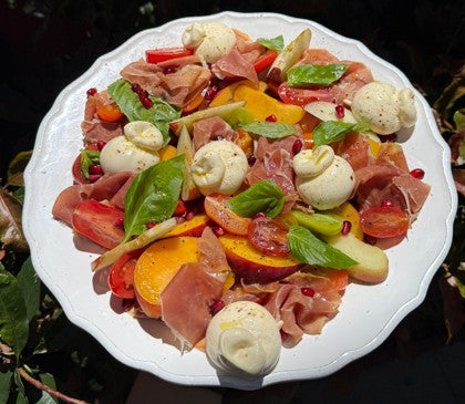 Fresh Peach, Burrata and Prosciutto Salad