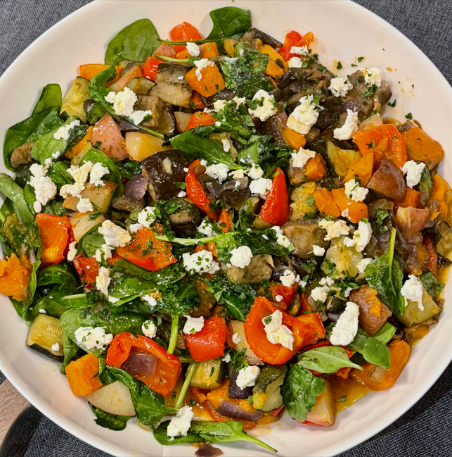 Roast Vegetable Tray Bake with Pomegranate Molasses & Meredith Goat's Cheese
