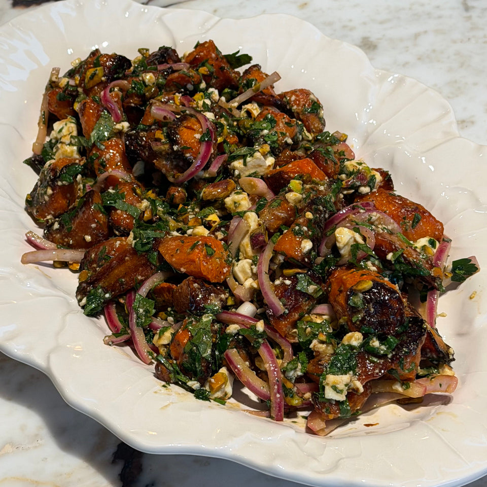 Warm Carrot Salad with Pickled Onions, Feta & Pistachios